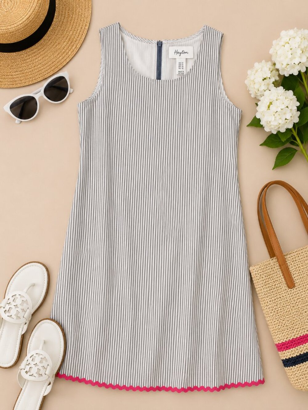 Heyton Gray White Stripe Sleeveless Shift Dress Pink Trim Size 12